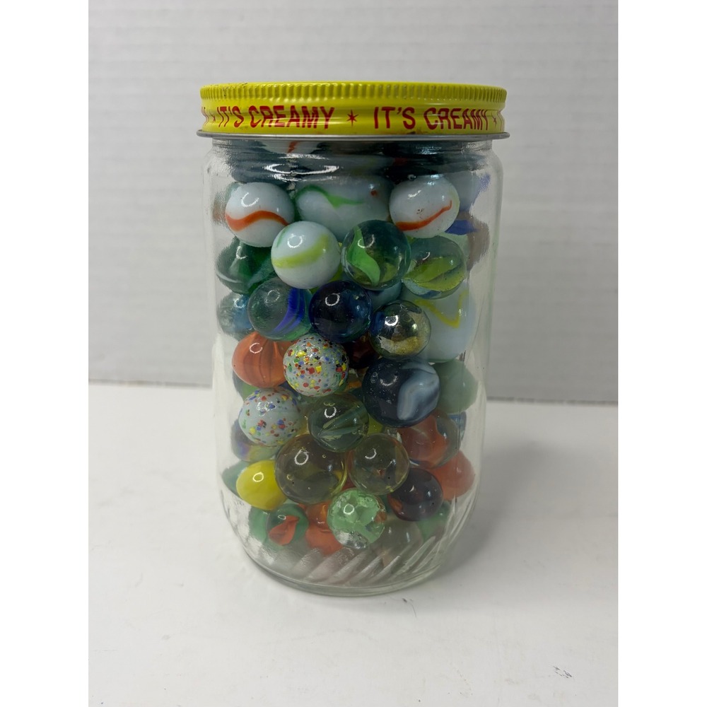 Vintage Glass Marbles Bulk Lot Assorted Swirl Cats Eye Shooters in Glass Jar